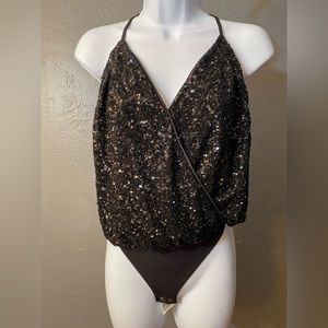 NWT EXPRESS Black Sequin Faux Wrap Cami Thong Bodysuit